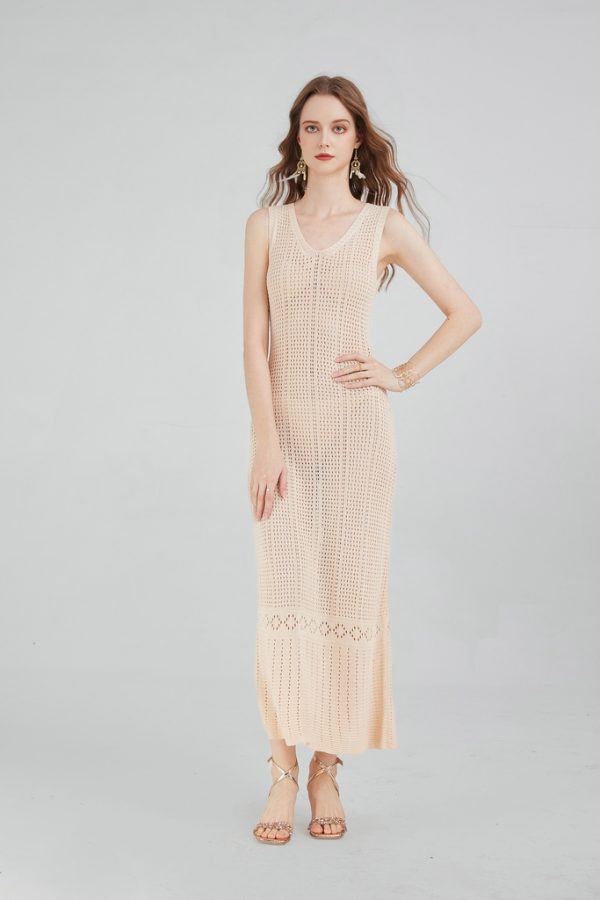 Custom High Quality Women's Knitwear Casual Sleeveless Suspender Sweater Beach Dress Sleeveless Hollow-Out Knit Long Maxi Dress - 图片 3