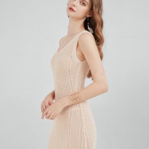 Custom High Quality Women's Knitwear Casual Sleeveless Suspender Sweater Beach Dress Sleeveless Hollow-Out Knit Long Maxi Dress