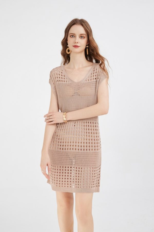 Women Coverup Crochet Bathing Suit Casual Vacation Hollow Out Batwing Sleeve Cover up Beach Knitted Dress - 图片 3