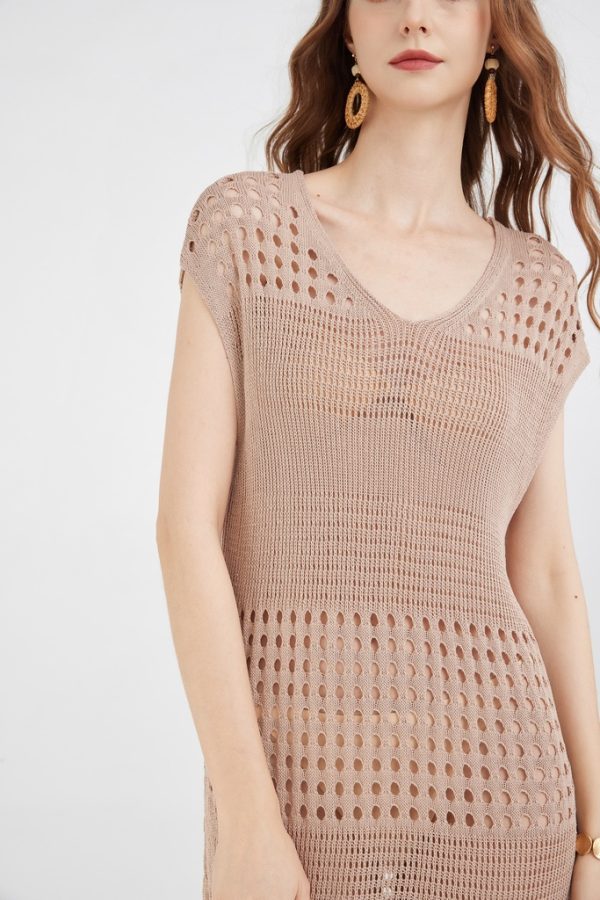 Women Coverup Crochet Bathing Suit Casual Vacation Hollow Out Batwing Sleeve Cover up Beach Knitted Dress - 图片 2