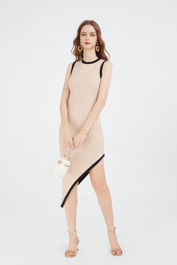 Women's Knitwear Sleeveless Knit Asymmetrical Long Dress Crewneck High Slit Bodycon Summer Midi Tank Dresses - 图片 3