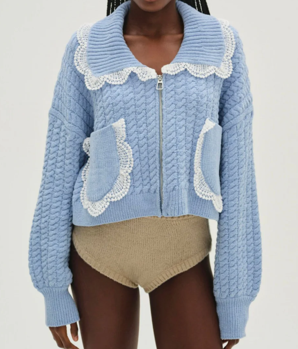 Sweet Lace Peter Pan Collar Knitted Cardigan French Retro Lace - Trimmed Knitted Short Coat Age - Reducing Puff - Sleeve Lace - 图片 2