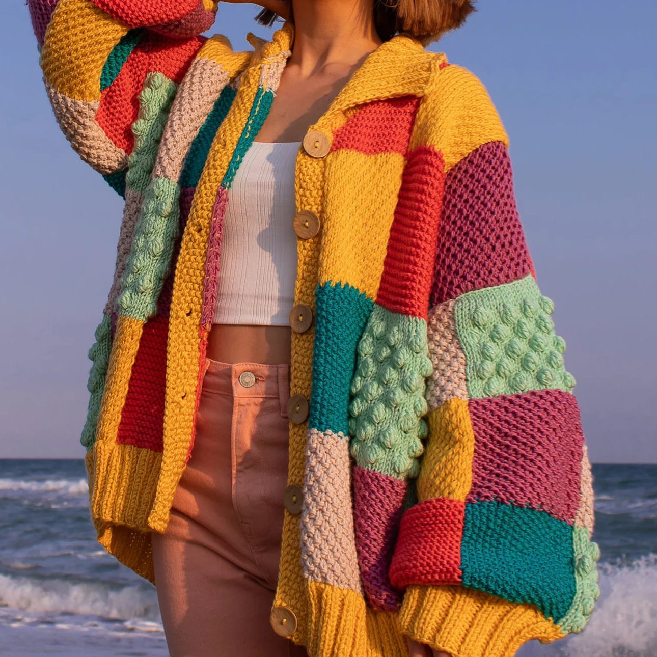 Bohemian Color - Block Knitted Cardigan Retro Hippie Colorful Patchwork Handmade Color - Block Collared Knitted Coat - 图片 2