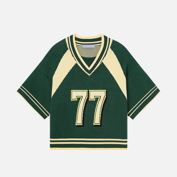 Wholesale Custom Applique Number Multi-Texture Knit Jersey Women's Blokecore Cropped V-Neck Sweater - 图片 2