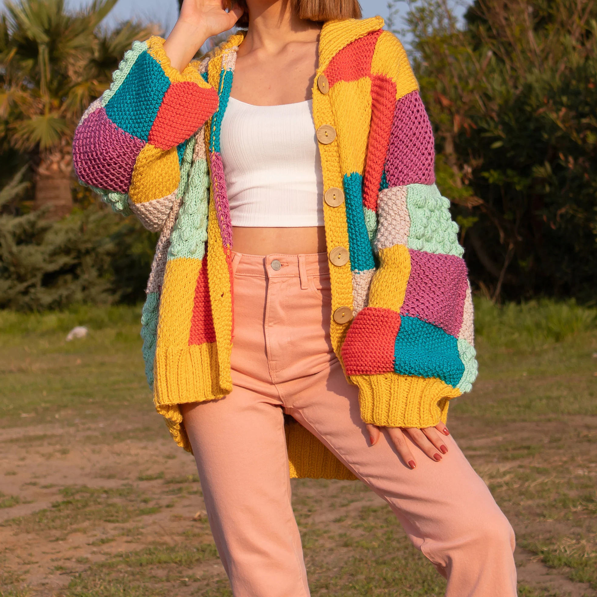 Bohemian Color - Block Knitted Cardigan Retro Hippie Colorful Patchwork Handmade Color - Block Collared Knitted Coat - 图片 3