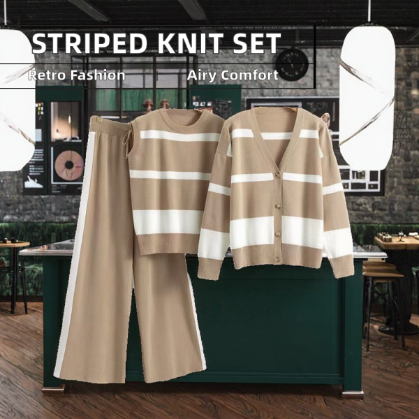 Women's Casual Fashion Three-Piece Set Breathable V-Neck Jacket Vest Wide Leg Pants Embroidered Striped Loose Knit Plus Size - 图片 3