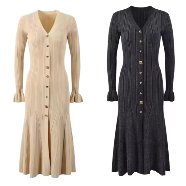 Women'S Fall Winter Retro V-Neck Metal Buckle Slim Long Sleeve Knitted Sweater Dresses - 图片 4