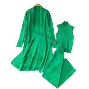 Women's Casual Three-Piece Set Autumn New Lazy Loose Knit Suit Solid Pattern Long Cape Cardigan High Neck Sweater Wide Leg Pants