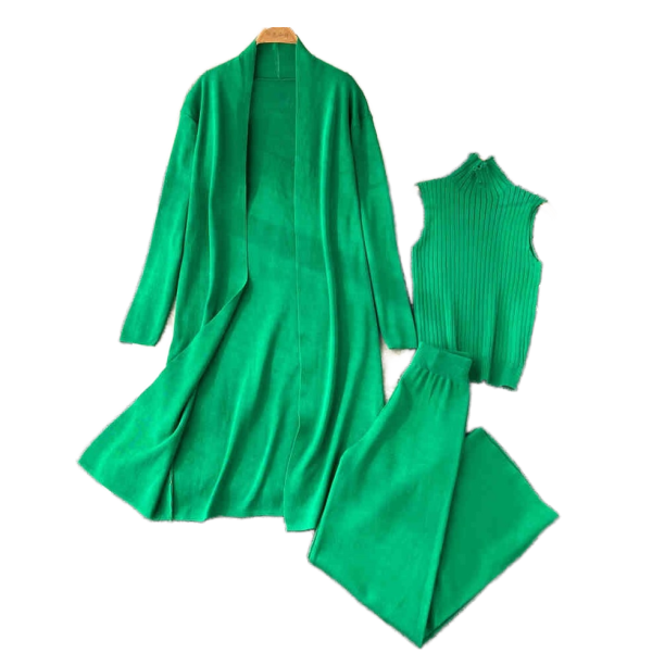 Women's Casual Three-Piece Set Autumn New Lazy Loose Knit Suit Solid Pattern Long Cape Cardigan High Neck Sweater Wide Leg Pants
