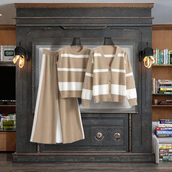 Women's Casual Fashion Three-Piece Set Breathable V-Neck Jacket Vest Wide Leg Pants Embroidered Striped Loose Knit Plus Size - 图片 2