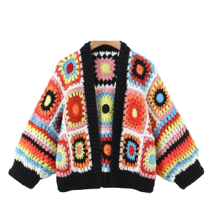 Autumn Women's Bohemia Style Cotton Top Handmade Colorful Crochet Long Sleeve Unbuttoned Knitted Weaving Method