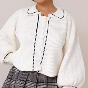 Must - Have Cute White Cardigan With Lantern Sleeves & Contrast Stitching for Daily Charm Best - Selling Timeless White Cardigan