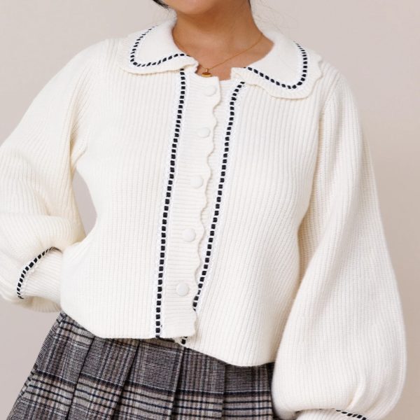 Must - Have Cute White Cardigan With Lantern Sleeves & Contrast Stitching for Daily Charm Best - Selling Timeless White Cardigan