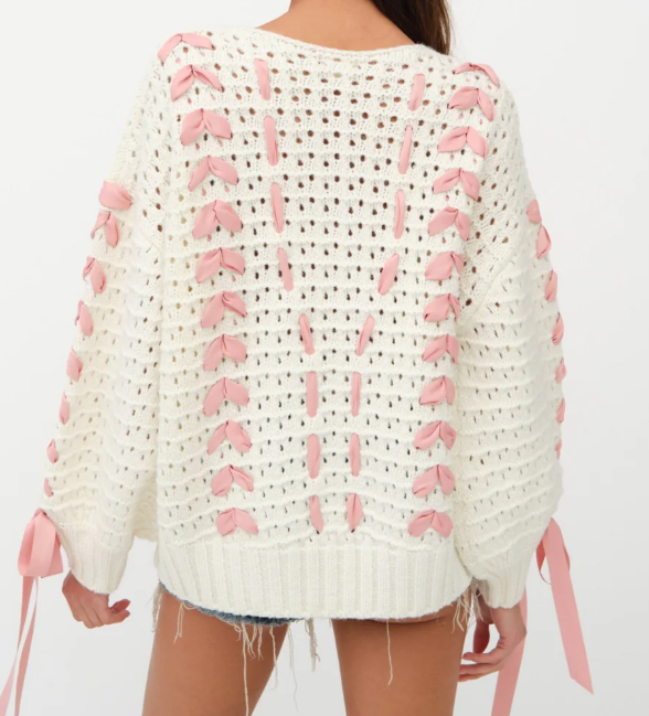 Sweet Bow - Decorated Hollow - Out Knitted Sweater Girlish Streamer - Decorated Hollow - Out Cardigan Romantic Pink - 图片 3