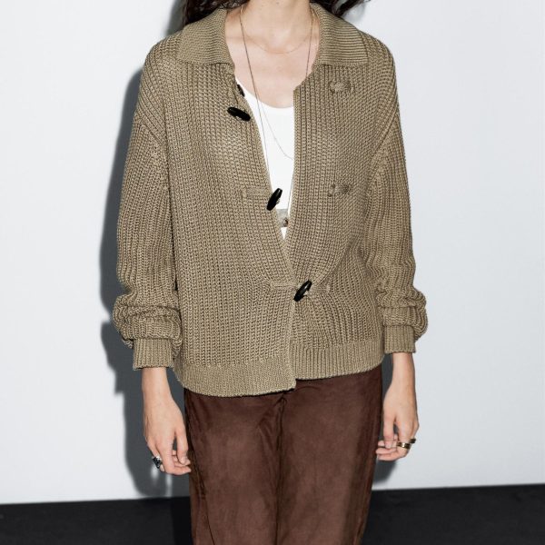 Sophisticated Cropped Long Sleeve Cardigan Outerwear Minimalist Solid Lapel Tie Button Long Sleeve Cardigan Relaxed Casual Style - 图片 2