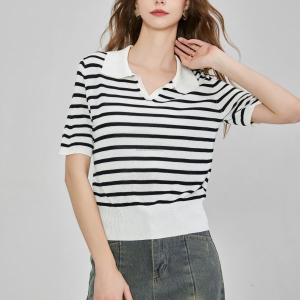 Women's POLO Knitted Top Short Sleeve Striped Notch Collar Rowan Hem Shirt Button Decoration for Commuter Office Use - 图片 2