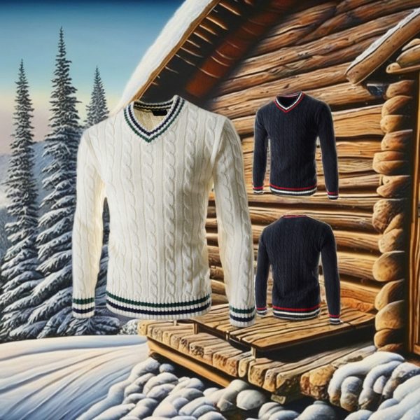 Customized Men's Long Sleeved V-Neck Cable Pullover Sweater Autumn Winter Plus Size Knitted Top with Print Decoration - 图片 2