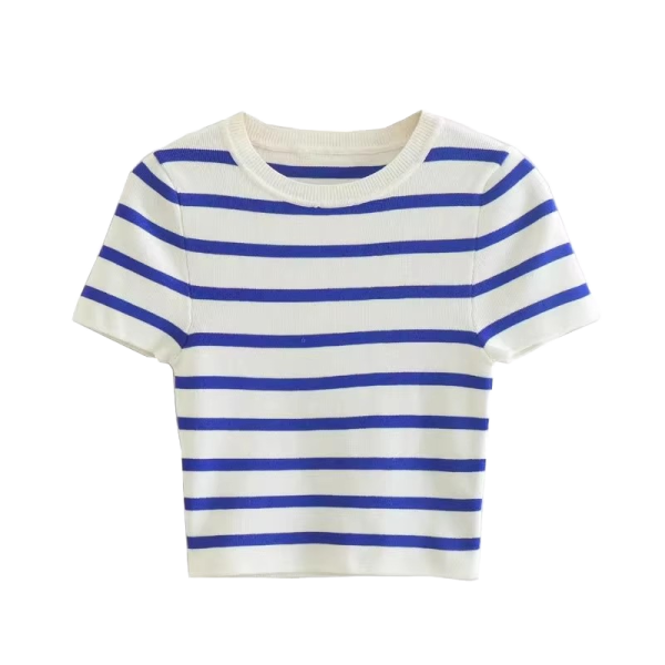 Chic Fashion 2024 Spring Women's Short Sleeve Ice Silk Knitted Top Vintage Chic Pullovers in Casual Striped Style - 图片 2