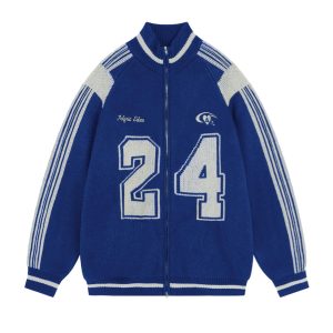 Viral Blue Baseball - Collar Knit Jacket With 24 Graphic for Streetwear Trends Must - Have Sporty Blue Knit Bomber With Zipper
