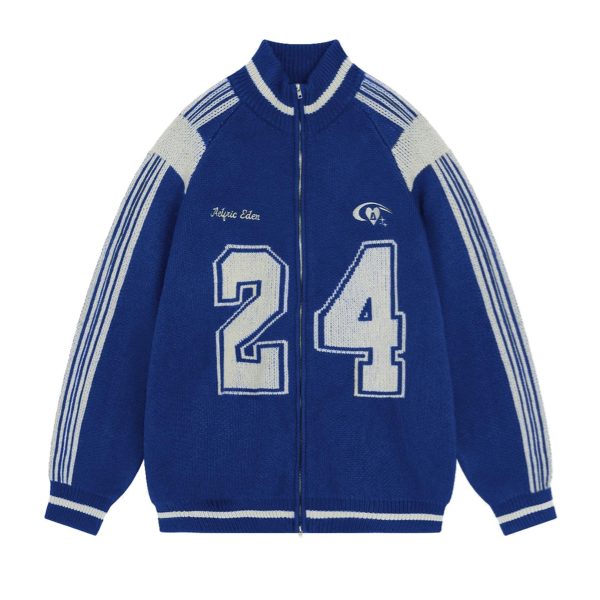Viral Blue Baseball - Collar Knit Jacket With 24 Graphic for Streetwear Trends Must - Have Sporty Blue Knit Bomber With Zipper