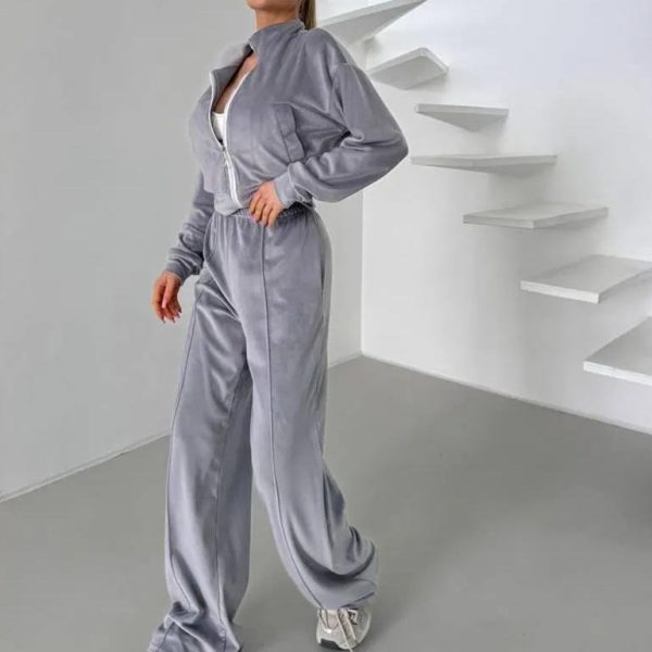 Women Grey Velvet Zip up Cropped Trench Style Jacket High Waisted Wide Leg Pants Casual Chic Daily Looks - 图片 2