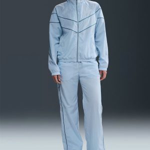 Woven Windbreaker Jacket with V-Shaped Spliced Design in Sky Blue Contrasting Lines and a Stand-Up Collar Design for Women