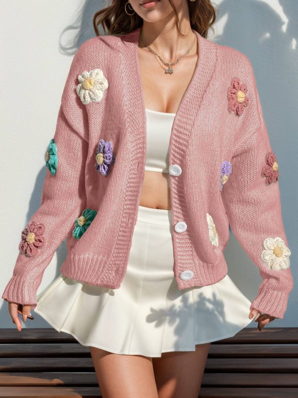 Manufacturer Custom High Quality Long Sleeve Cute Loose Button Cardigan Casual Sweet Handmade Floral Jacquard Women's Sweater - 图片 4