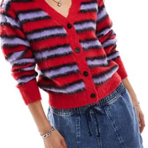 Fuzzy - Textured Color - Block Red - Purple - Black Blue Daily Striped V - Neck Cardigan Fashion Suitable for Daily