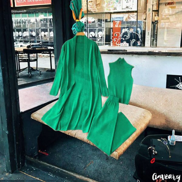 Women's Casual Three-Piece Set Autumn New Lazy Loose Knit Suit Solid Pattern Long Cape Cardigan High Neck Sweater Wide Leg Pants - 图片 2