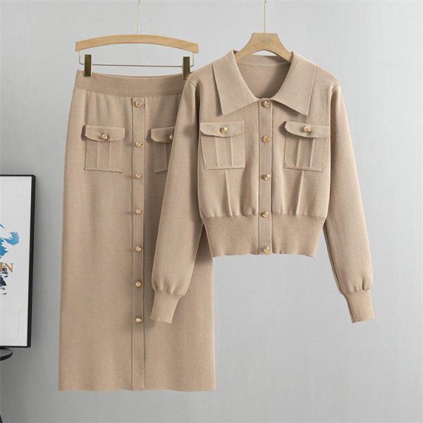 Wholesale 2024 Autumn New French High Fashion Flip Collar Long Sleeve Sweater Skirt Ribbed Knitted Women's 2 Piece Set Clothing - 图片 2