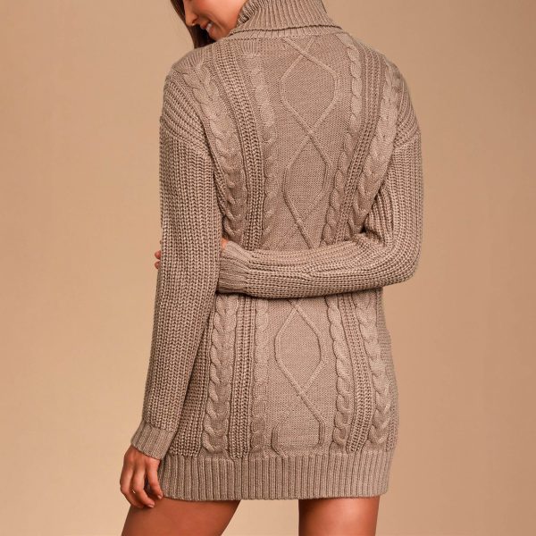 Wholesale Custom Chunky Cable Knit Sweater Dress Women's Turtleneck Mini Dress for Autumn Winter - 图片 4
