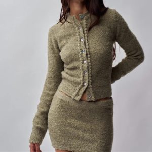 Light Grass Green Fuzzy Cardigan & Skirt Two - Piece Set (Lace Trim) Fuzzy Cardigan Gentle - Style Fashion Casual Daily