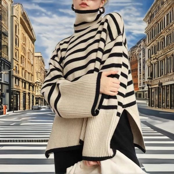 Women's Casual Loose Stripe Turtleneck Pullover Sweater Top for Autumn Winter New Plaid Knitted Clothing Long Length Breathable - 图片 3