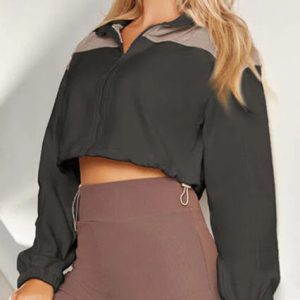 Color Block Patchwork Drawstring Sports Jacket Trendy High Collar Design Paired with Adjustable Drawstring Hem Creating a Unique