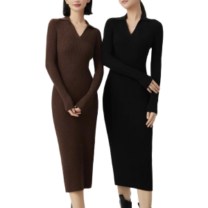 Vintage Square V-Neck Ribbed Long Sleeved Knitted Bodycon Dress Maxi Length Solid Pattern Fashionable for Women