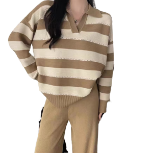 Wholesale 2025 Autumn Retro Casual Style High Grade Soft Glutinous Loose Striped Polo Neck Fashion Knitted Women's Set