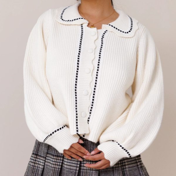 Must - Have Cute White Cardigan With Lantern Sleeves & Contrast Stitching for Daily Charm Best - Selling Timeless White Cardigan - 图片 3