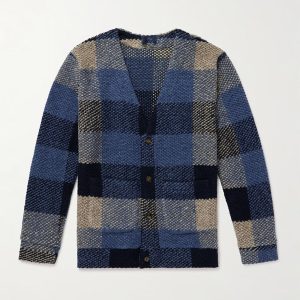 Checkered Textured Knit Cardigan Featuring a Unique Checkered Pattern with Mixed Blue and Beige Tones This Cardigan