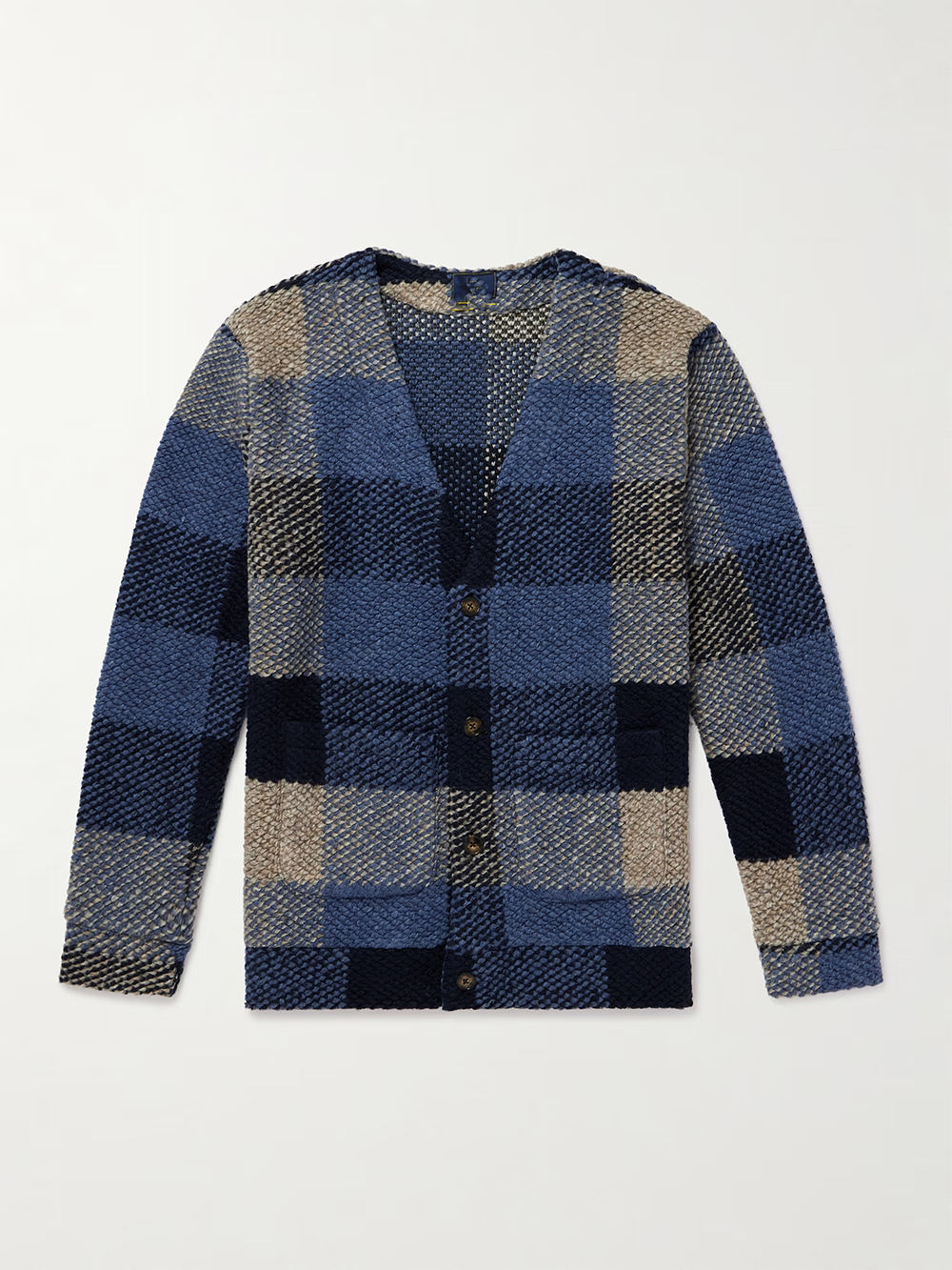 Checkered Textured Knit Cardigan Featuring a Unique Checkered Pattern with Mixed Blue and Beige Tones This Cardigan