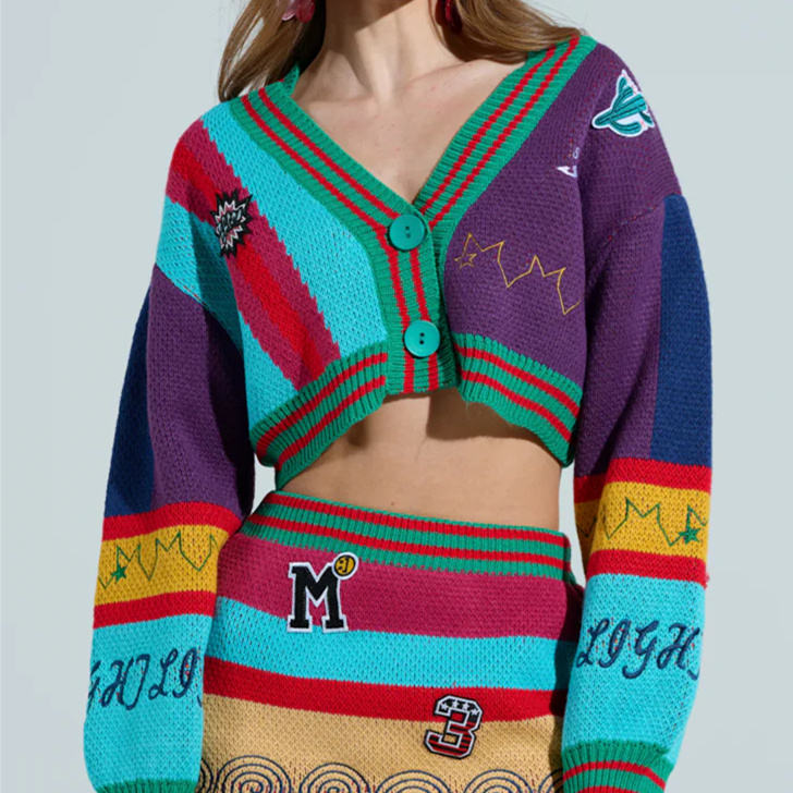 Retro Color - Block Knitted Cardigan Personalized Color Artistic Block - Patterned Embroidery Knitted Full of Fashion