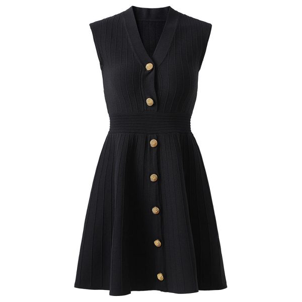 Wholesale Custom Engineered Rib Elegant Fit-and-Flare Knit Dress Women's Sleeveless A-Line Sweater Dress with Gold Buttons - 图片 3