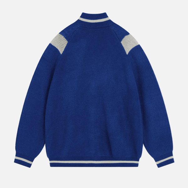 Viral Blue Baseball - Collar Knit Jacket With 24 Graphic for Streetwear Trends Must - Have Sporty Blue Knit Bomber With Zipper - 图片 2