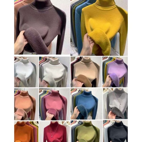 Women's Casual Turtleneck Thick Sweater Top with Long Sleeves Autumn Winter Solid Slim Fleece Pullover Top for Spring - 图片 2