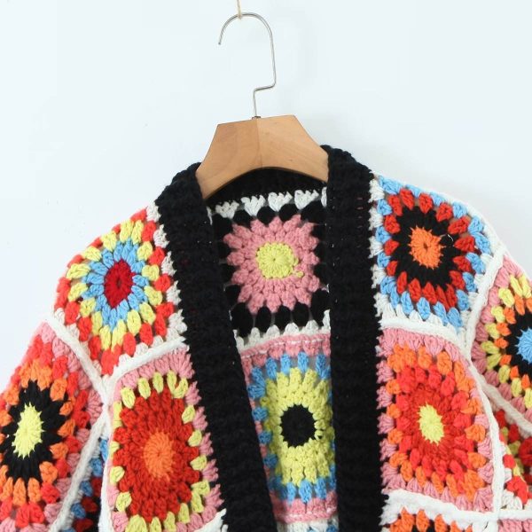 Autumn Women's Bohemia Style Cotton Top Handmade Colorful Crochet Long Sleeve Unbuttoned Knitted Weaving Method - 图片 3