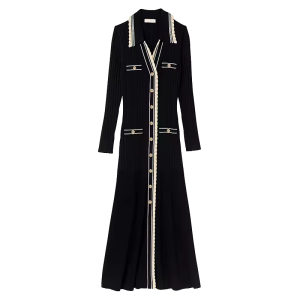 Elegant Ladies Midi Dress Solid Casual Luxury with Long Sleeves & Button up Slim Polo Neck & Ribbed A-Line for Winter