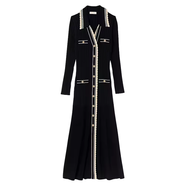 Elegant Ladies Midi Dress Solid Casual Luxury with Long Sleeves & Button up Slim Polo Neck & Ribbed A-Line for Winter