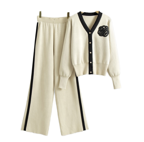 2024 Autumn and Winter New Sweater Set V-Neck Long-Sleeved Cardigan Top & Loose Wide-Leg Pants Solid Knitting Two-Piece Set - 图片 4