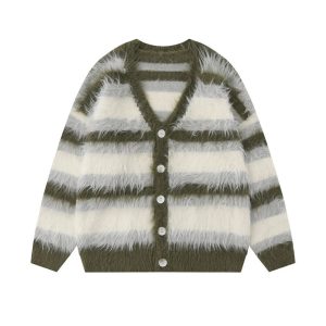 OEM Supplier High Quality Striped Casual Men's Brush Cardigan Sweater Loose Fit Striped Knit Cardigan