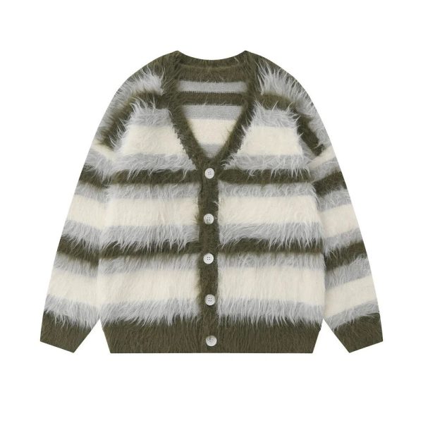 OEM Supplier High Quality Striped Casual Men's Brush Cardigan Sweater Loose Fit Striped Knit Cardigan