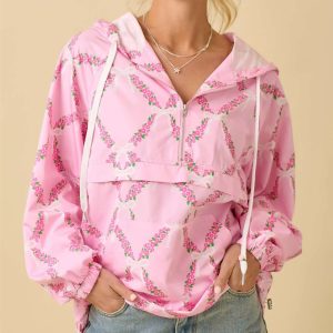 Sweet - Style Printed Hooded Half - Zip Top Fashion Casual Printed Hooded Windbreaker Pink Romantic Printed Hooded Cardigan